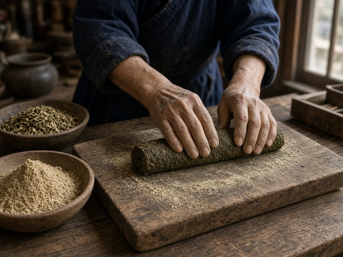 Artisan hands rolling traditional incense