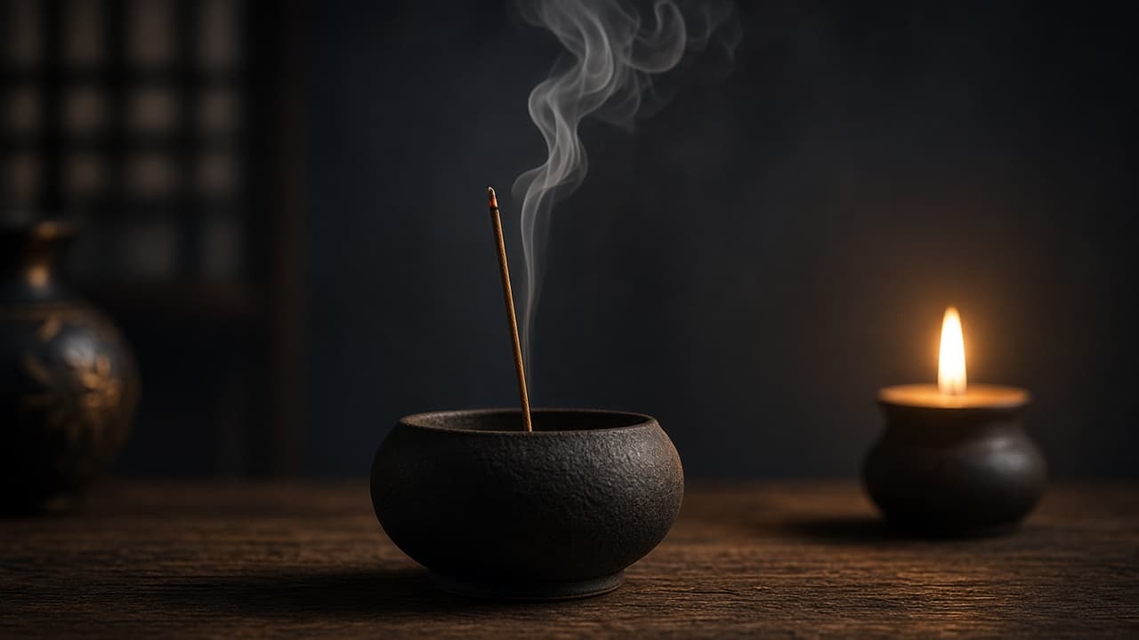 Incense smoke rising from a ceramic censer